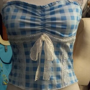New,blue& white plaid y2k gingham empire waist top,lace stretch straps size med.